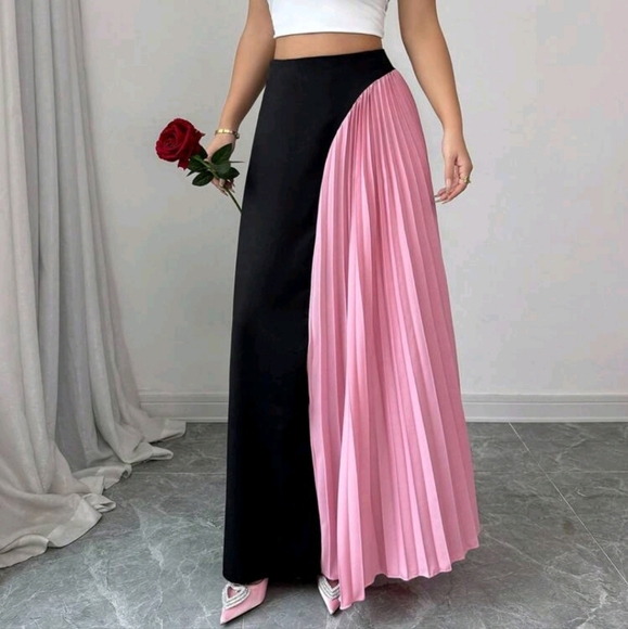 Women's Two-Tone Pleated A-Line Long Skirt - Picture 4 of 4